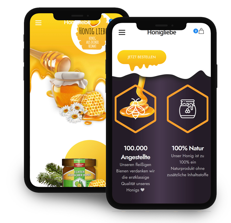 Der Imker-Shop auf zwei Smartphones im Honig-Design